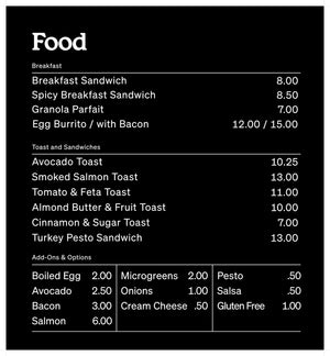 Food menu, listing items and prices