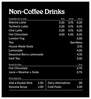 Non coffee drink menu